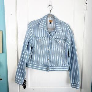 Lauren Ralph Lauren RLL Railroad Striped Denim Jean Jacket Blue White Preppy L